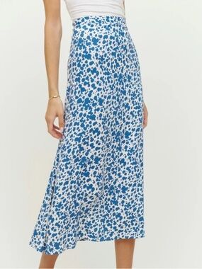 Reformation Blue and White Leopard Midi Skirt